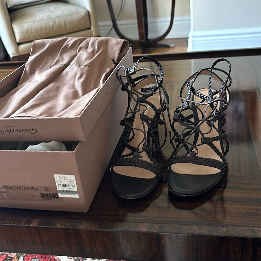 Gianvito Rossi beaded brown leather wrap sandals.